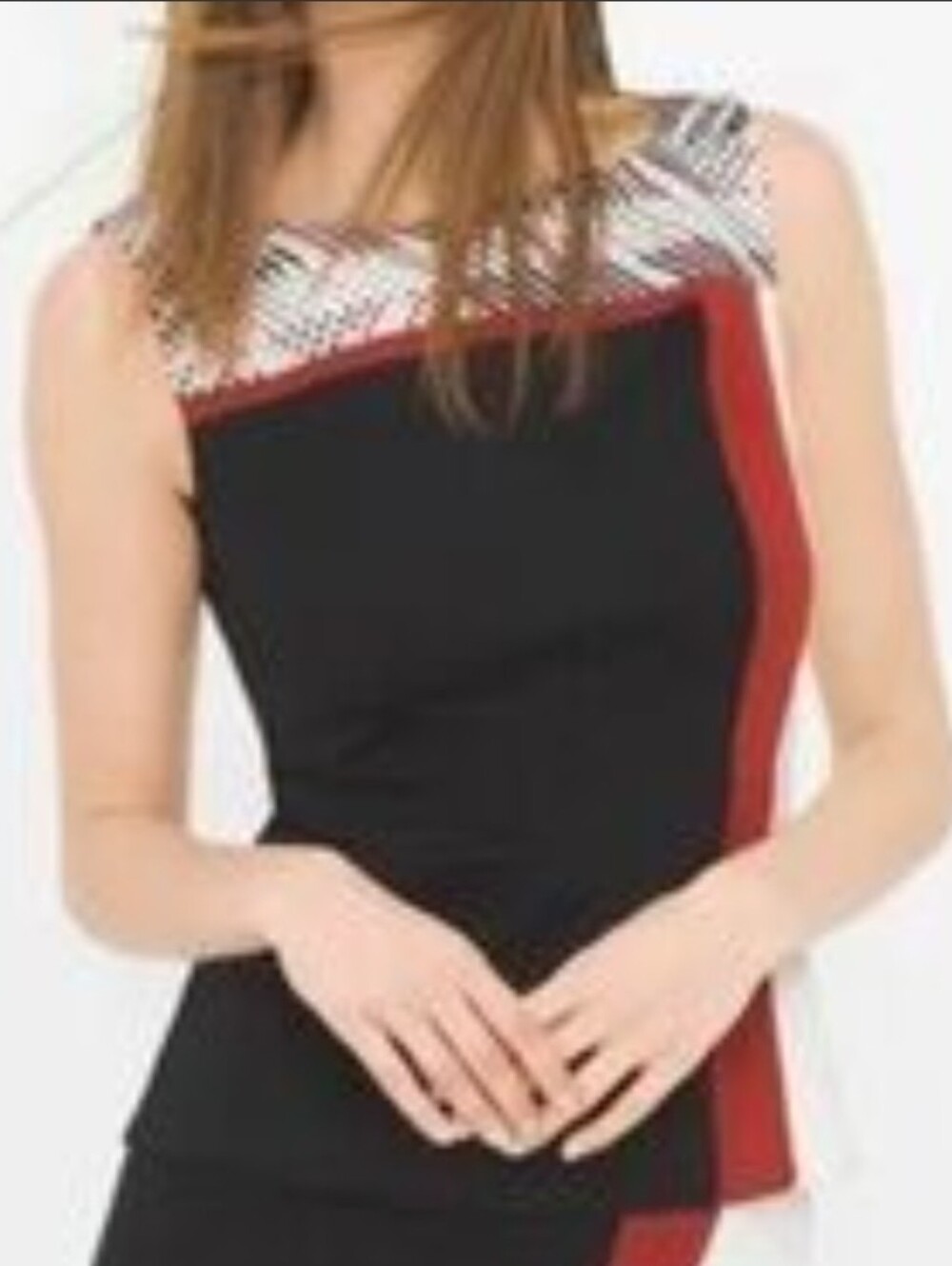 WHBM Sleeveless Black Tank Top with Red Side Panels and Patterned Yoke Size 10